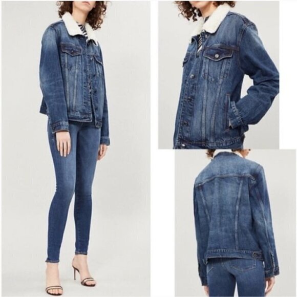 NWT Good American Trucker Boyfriend Denim Sherpa Button Down Jacket size 00/ XS - Picture 1 of 16